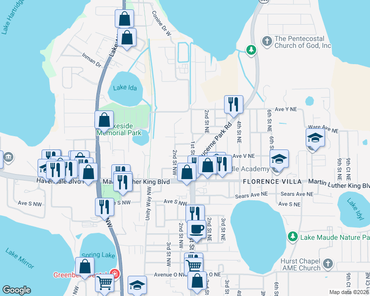 map of restaurants, bars, coffee shops, grocery stores, and more near 109 Avenue West Northeast in Winter Haven