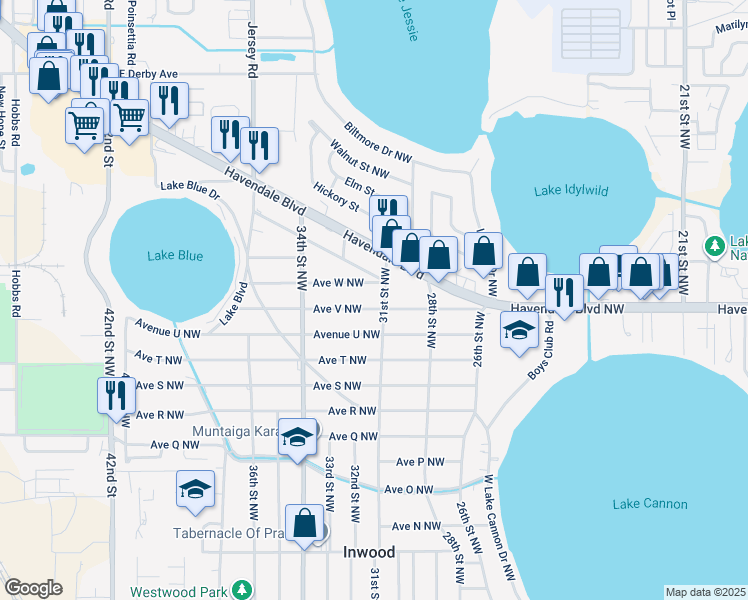 map of restaurants, bars, coffee shops, grocery stores, and more near 2880 31st Street Northwest in Winter Haven