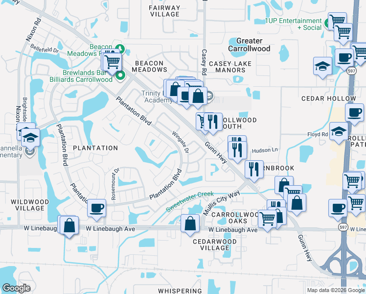 map of restaurants, bars, coffee shops, grocery stores, and more near 10908 Wingate Drive in Tampa