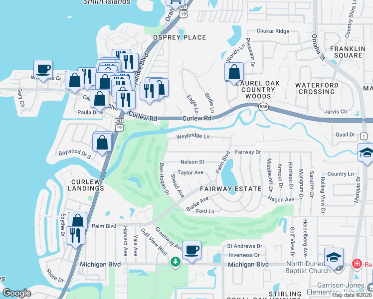map of restaurants, bars, coffee shops, grocery stores, and more near 2327 Spicewood Court in Dunedin