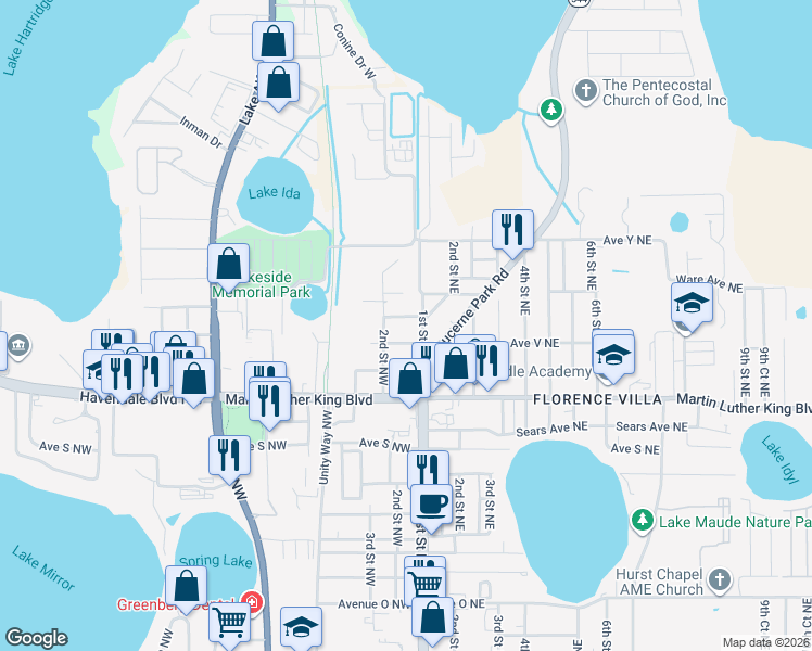 map of restaurants, bars, coffee shops, grocery stores, and more near 109 Avenue West Northeast in Winter Haven