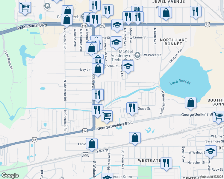 map of restaurants, bars, coffee shops, grocery stores, and more near 99 Lucile Street in Lakeland