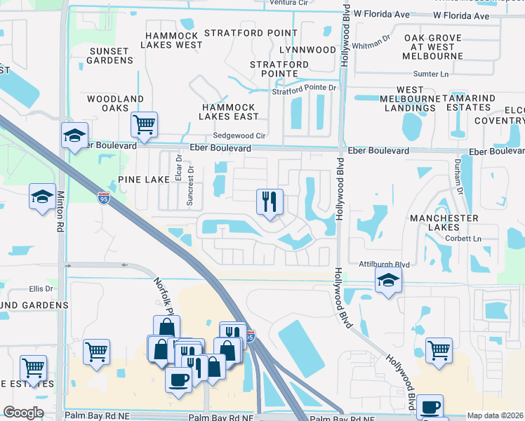 map of restaurants, bars, coffee shops, grocery stores, and more near 2433 Woodthrush Place in Melbourne
