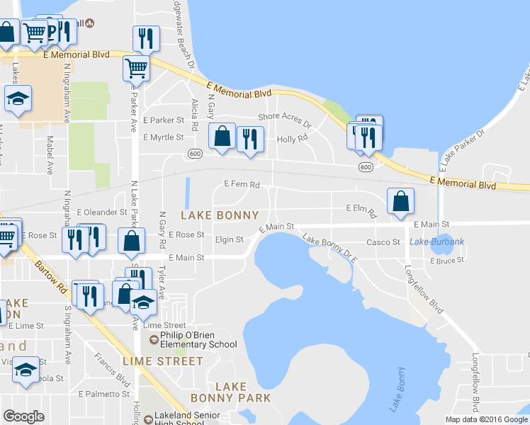 map of restaurants, bars, coffee shops, grocery stores, and more near 218 Interlachen Parkway in Lakeland