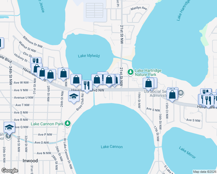 map of restaurants, bars, coffee shops, grocery stores, and more near 3043 Havendale Boulevard Northwest in Winter Haven