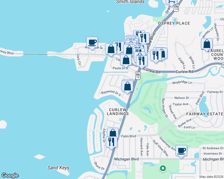 map of restaurants, bars, coffee shops, grocery stores, and more near 547 Tradewinds Drive in Dunedin