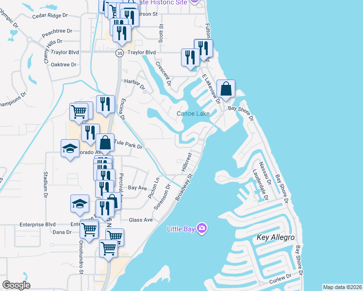 map of restaurants, bars, coffee shops, grocery stores, and more near 1604 Bayhouse in Rockport