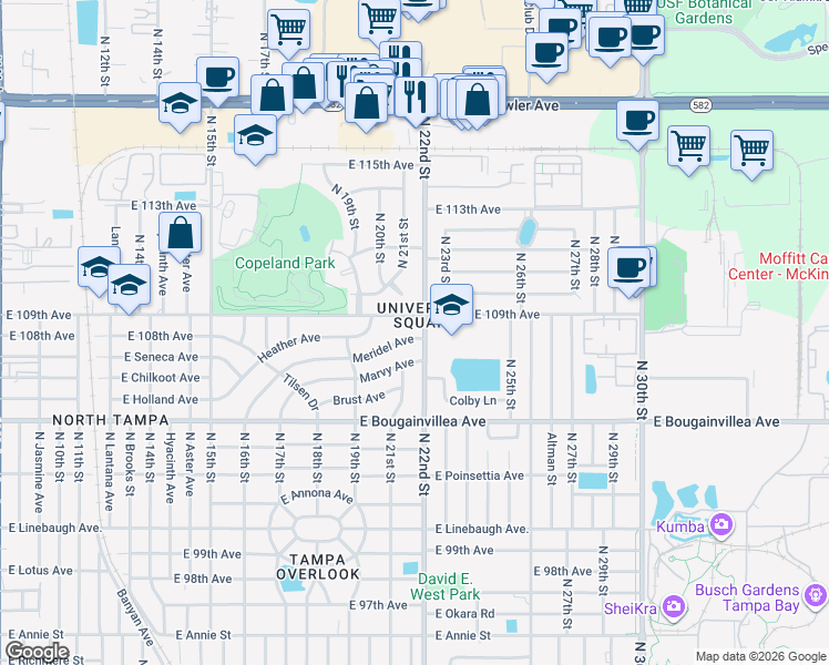 map of restaurants, bars, coffee shops, grocery stores, and more near 1924 Meridel Avenue in Tampa