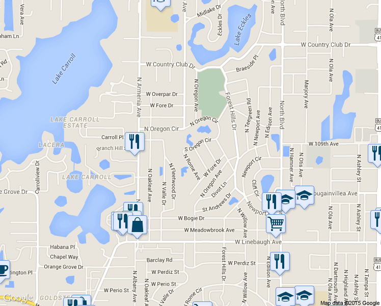 map of restaurants, bars, coffee shops, grocery stores, and more near 1506 South Oregon Circle in Tampa