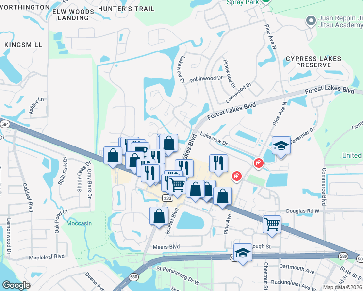 map of restaurants, bars, coffee shops, grocery stores, and more near 137 Hunter Lake Drive in Oldsmar