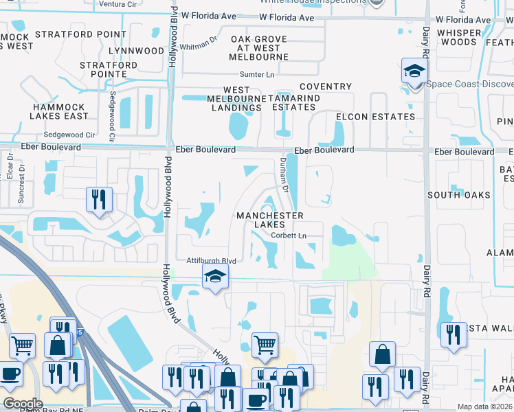 map of restaurants, bars, coffee shops, grocery stores, and more near 1508 Attilburgh Boulevard in Melbourne