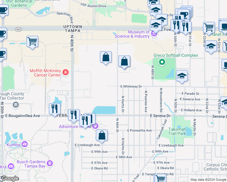 map of restaurants, bars, coffee shops, grocery stores, and more near 10770 North 46th Street in Tampa