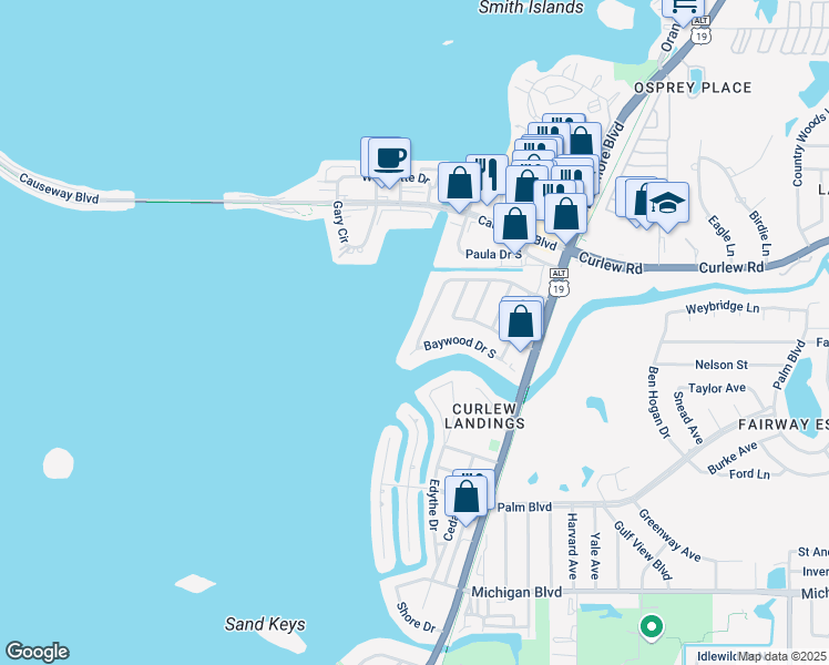map of restaurants, bars, coffee shops, grocery stores, and more near 2432 Baywood Drive West in Dunedin