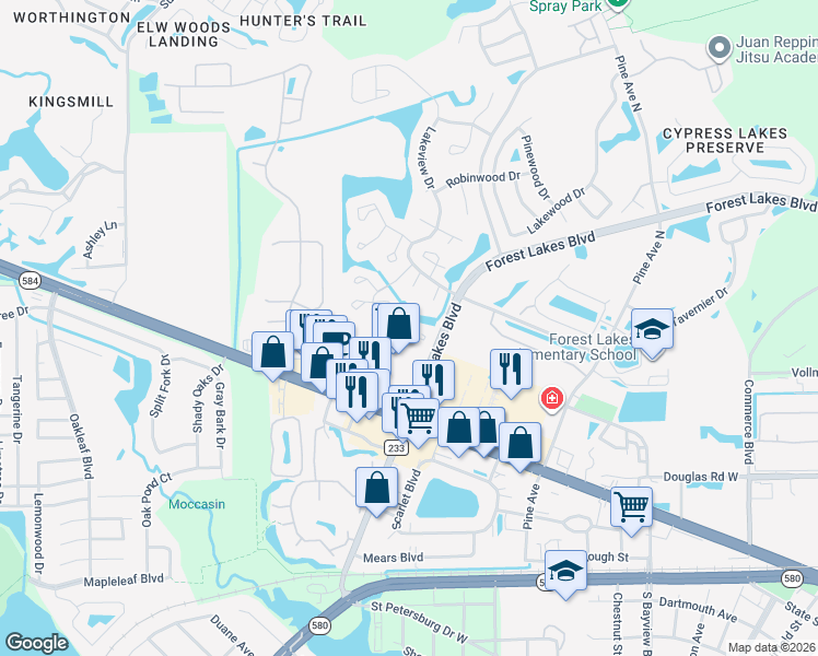 map of restaurants, bars, coffee shops, grocery stores, and more near 135 Hunter Lake Drive in Oldsmar
