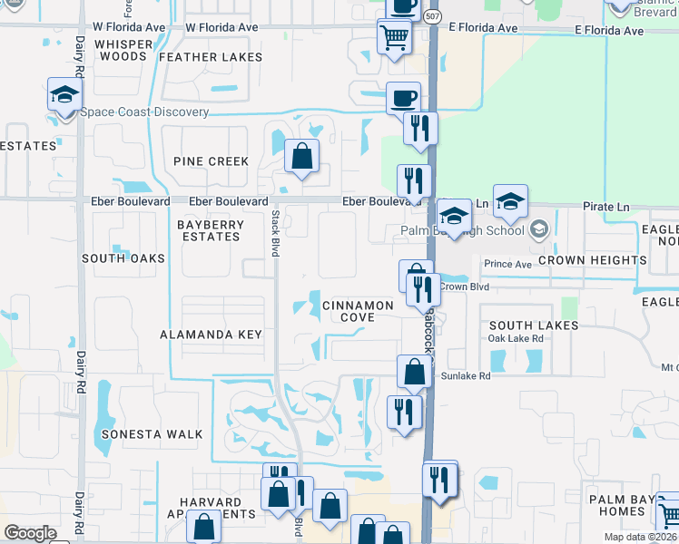 map of restaurants, bars, coffee shops, grocery stores, and more near 4190 Negal Circle in Melbourne