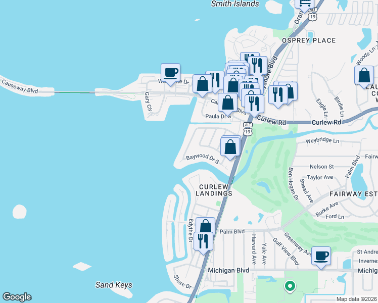 map of restaurants, bars, coffee shops, grocery stores, and more near 547 Tradewinds Drive in Dunedin