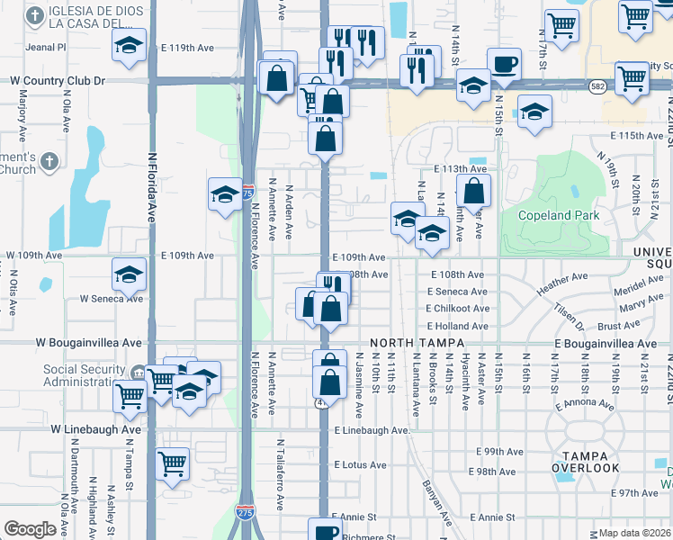 map of restaurants, bars, coffee shops, grocery stores, and more near in Tampa
