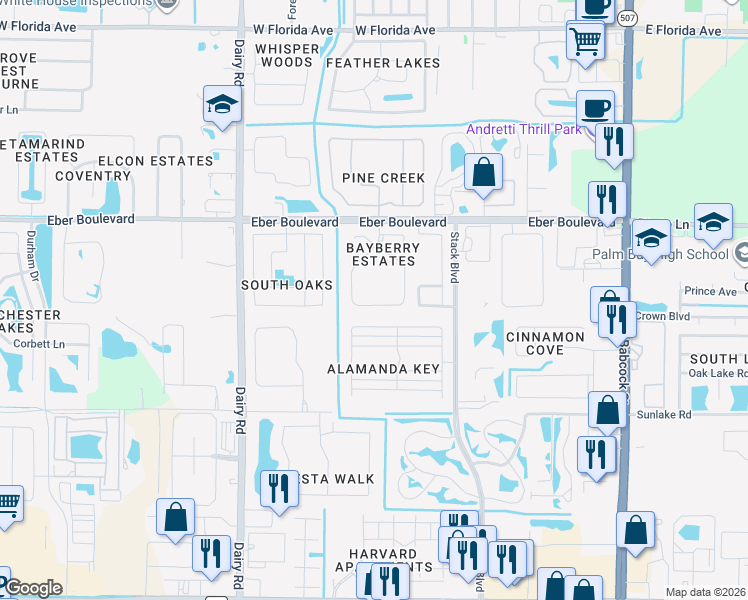 map of restaurants, bars, coffee shops, grocery stores, and more near 4034 Bayberry Drive in Melbourne