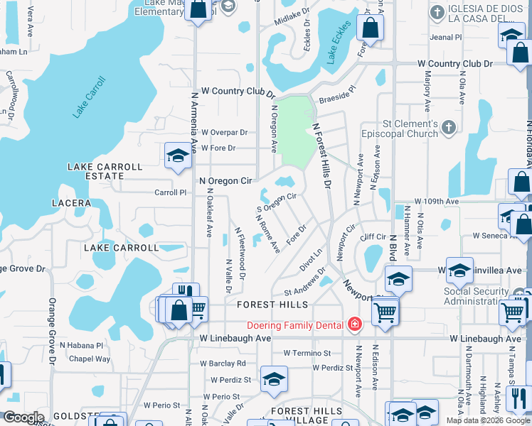 map of restaurants, bars, coffee shops, grocery stores, and more near 1506 South Oregon Circle in Tampa