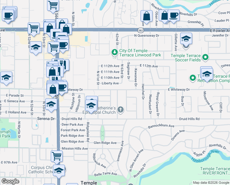 map of restaurants, bars, coffee shops, grocery stores, and more near 6116 Whiteway Drive in Temple Terrace