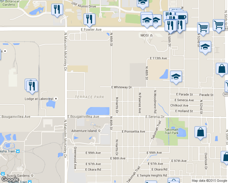 map of restaurants, bars, coffee shops, grocery stores, and more near 10708 North 46th Street in Tampa