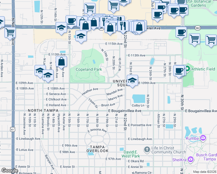 map of restaurants, bars, coffee shops, grocery stores, and more near 1825 East 109th Avenue in Tampa