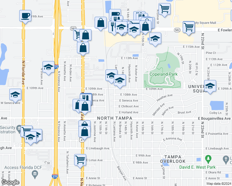 map of restaurants, bars, coffee shops, grocery stores, and more near 1215 East 109th Avenue in Tampa