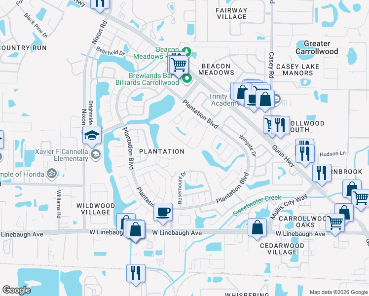 map of restaurants, bars, coffee shops, grocery stores, and more near 4904 Rambling Rose Place in Tampa