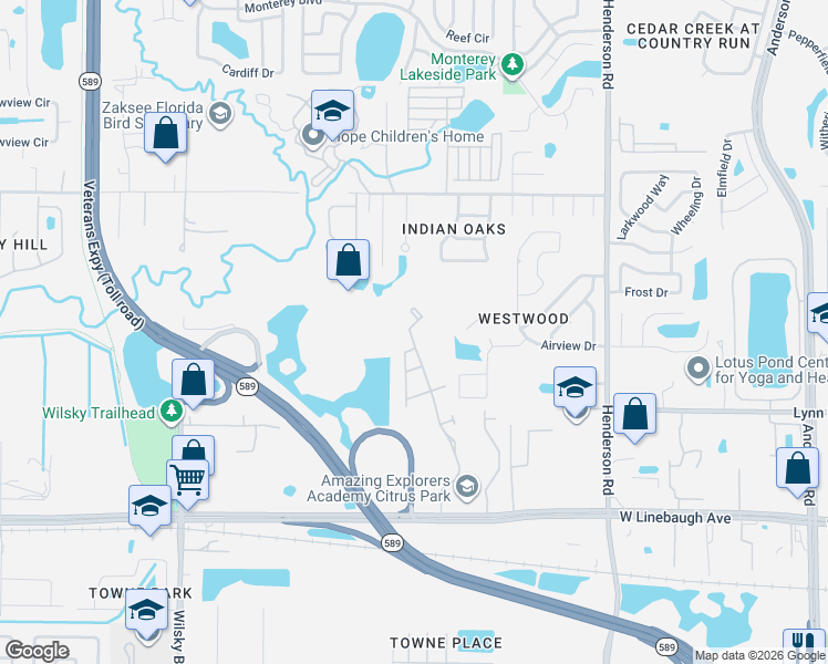 map of restaurants, bars, coffee shops, grocery stores, and more near 10441 Westpark Preserve Boulevard in Tampa