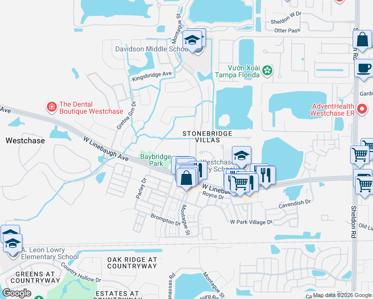 map of restaurants, bars, coffee shops, grocery stores, and more near 10236 Woodford Bridge Street in Tampa