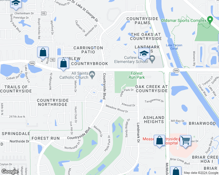 map of restaurants, bars, coffee shops, grocery stores, and more near 3455 Countryside Boulevard in Clearwater