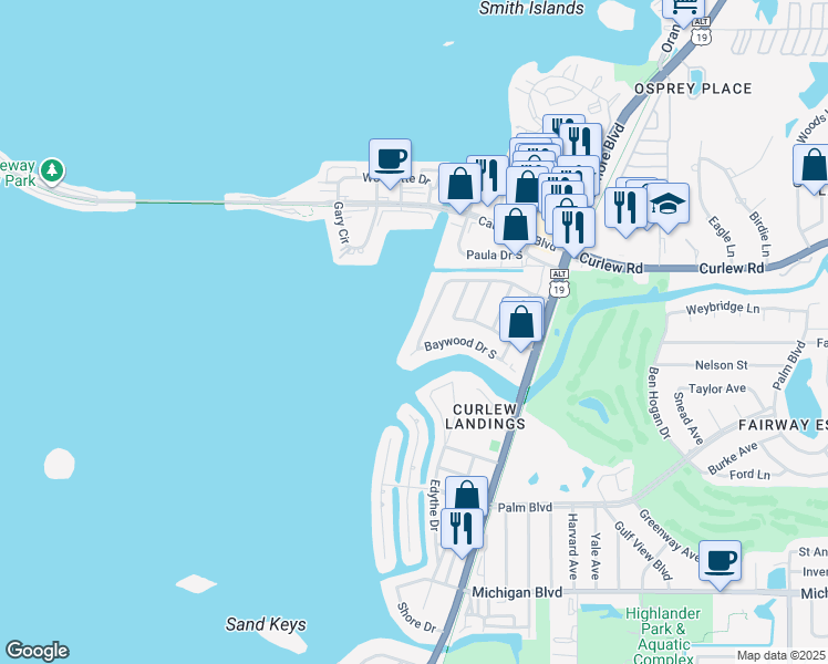 map of restaurants, bars, coffee shops, grocery stores, and more near 2432 Baywood Drive West in Dunedin