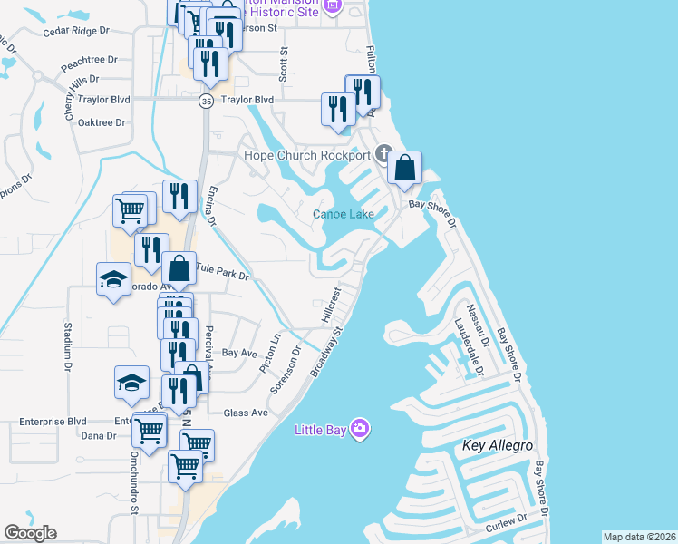 map of restaurants, bars, coffee shops, grocery stores, and more near 1910 Bayhouse Drive in Rockport