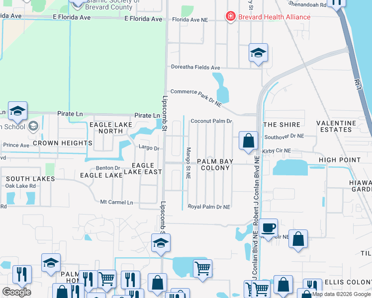 map of restaurants, bars, coffee shops, grocery stores, and more near 1918 Mango Street Northeast in Palm Bay