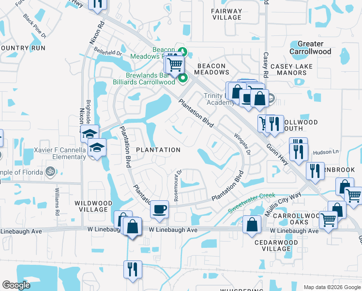 map of restaurants, bars, coffee shops, grocery stores, and more near 4904 Rambling Rose Place in Tampa