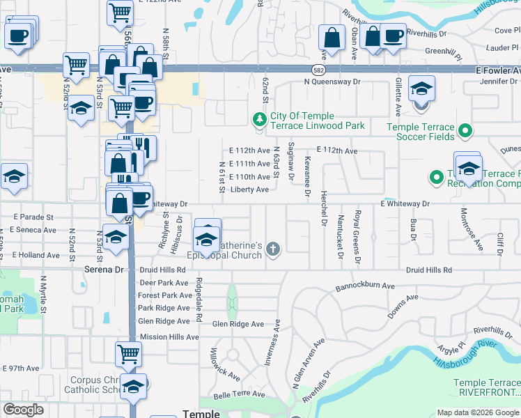 map of restaurants, bars, coffee shops, grocery stores, and more near 6116 Whiteway Drive in Temple Terrace