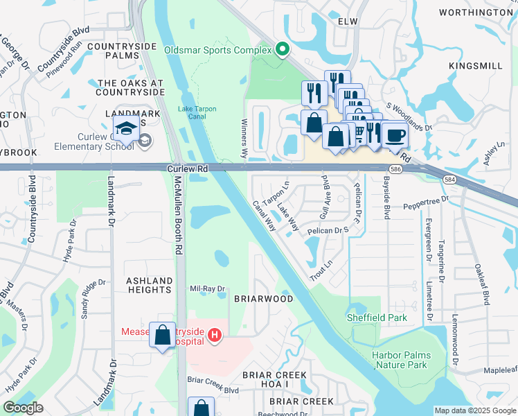 map of restaurants, bars, coffee shops, grocery stores, and more near 624 Tarpon Lane in Oldsmar