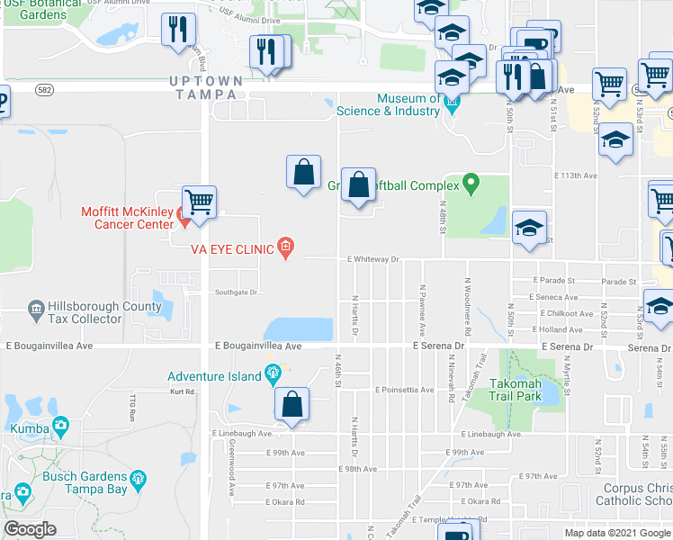 map of restaurants, bars, coffee shops, grocery stores, and more near 10708 North 46th Street in Tampa