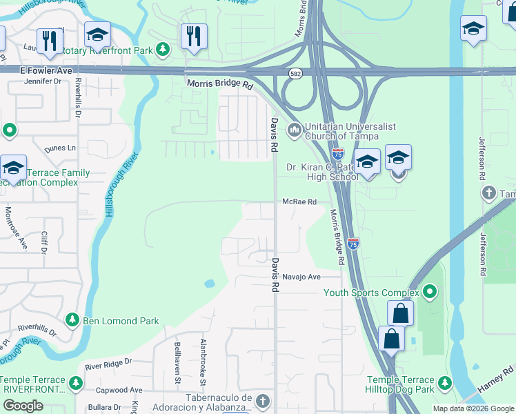 map of restaurants, bars, coffee shops, grocery stores, and more near 8411 McRae Road in Temple Terrace