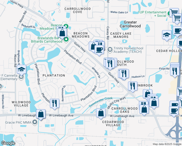 map of restaurants, bars, coffee shops, grocery stores, and more near 10908 Wingate Drive in Tampa