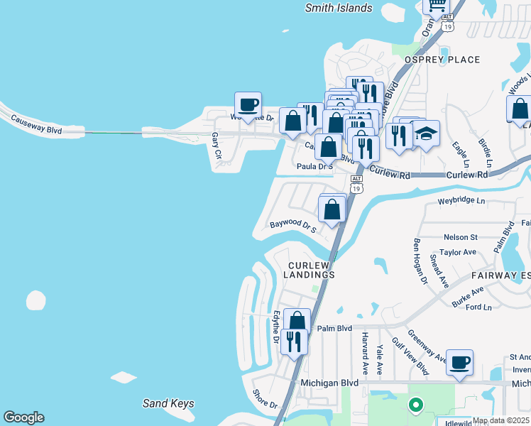 map of restaurants, bars, coffee shops, grocery stores, and more near 2432 Baywood Drive West in Dunedin