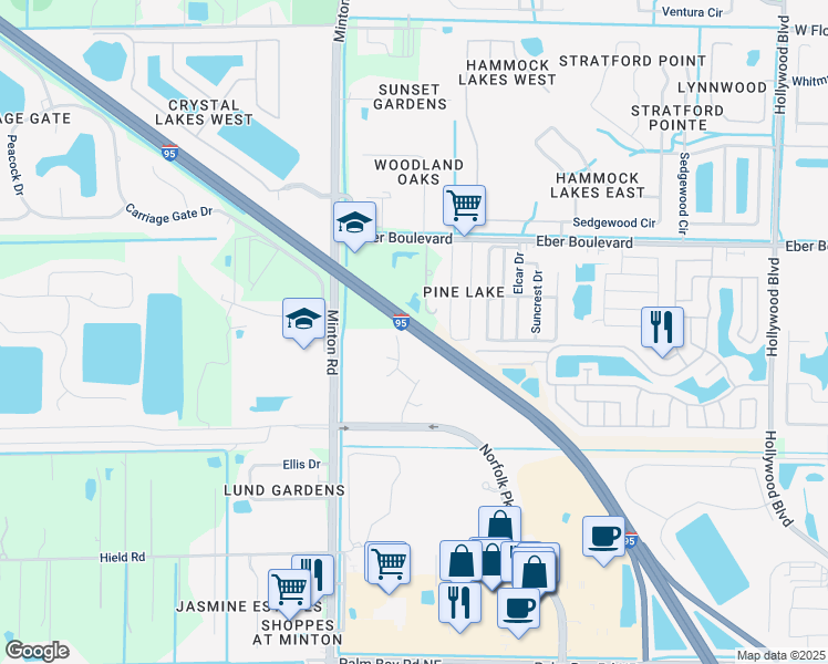 map of restaurants, bars, coffee shops, grocery stores, and more near Highway 9 in West Melbourne