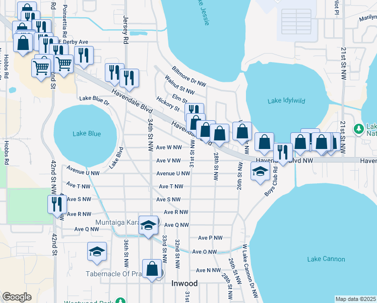 map of restaurants, bars, coffee shops, grocery stores, and more near 2880 31st Street Northwest in Winter Haven