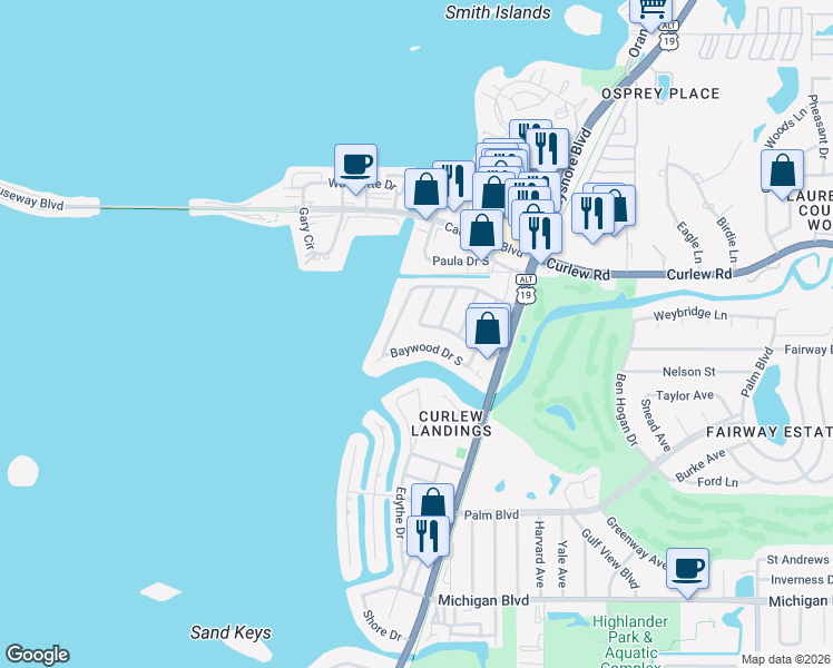 map of restaurants, bars, coffee shops, grocery stores, and more near 547 Tradewinds Drive in Dunedin