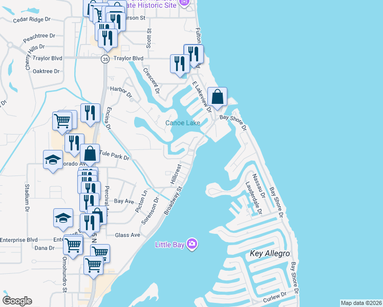 map of restaurants, bars, coffee shops, grocery stores, and more near 1877 Broadway Street in Rockport