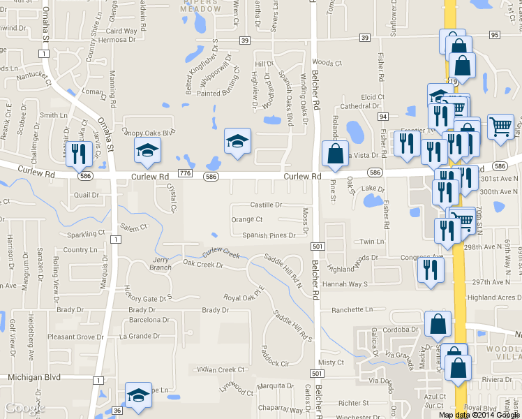 map of restaurants, bars, coffee shops, grocery stores, and more near 1994 Castille Drive in Dunedin