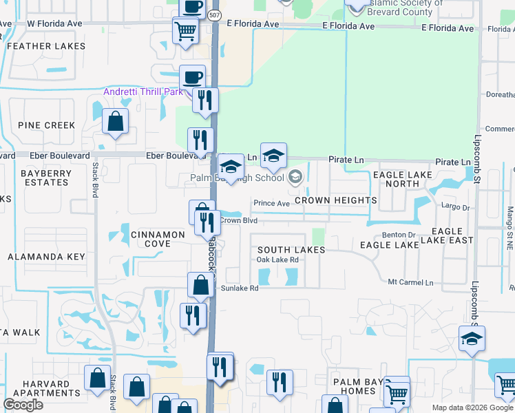 map of restaurants, bars, coffee shops, grocery stores, and more near 105 Prince Avenue in Melbourne