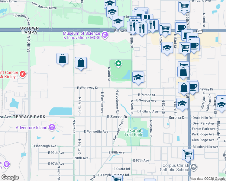 map of restaurants, bars, coffee shops, grocery stores, and more near 4803 Whiteway Drive in Tampa