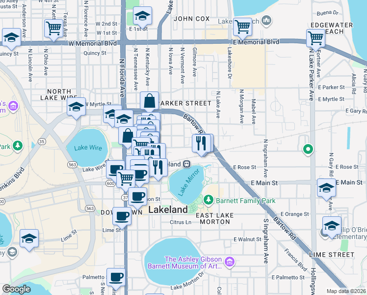 map of restaurants, bars, coffee shops, grocery stores, and more near 302 North Iowa Avenue in Lakeland