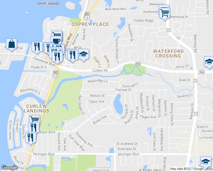 map of restaurants, bars, coffee shops, grocery stores, and more near 2326 Sweetbriar Court in Dunedin